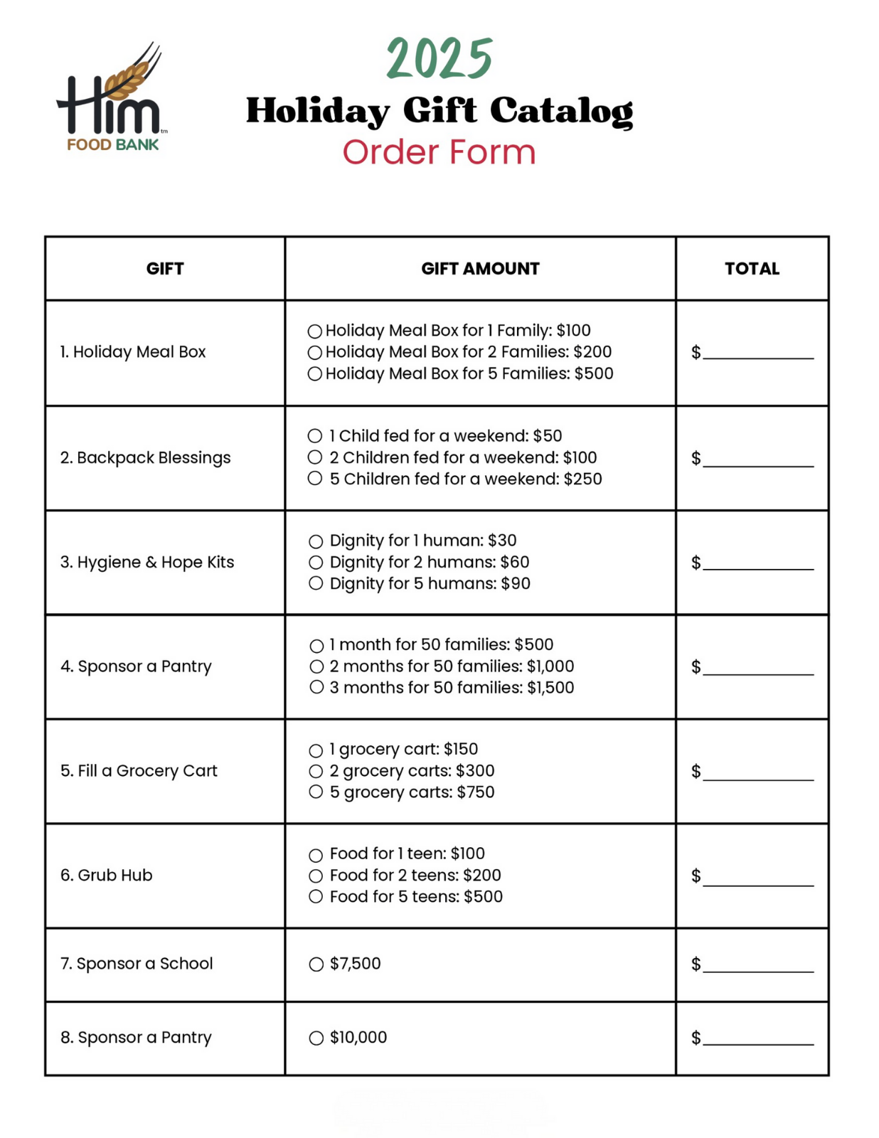 Christmas in the Warehouse order form